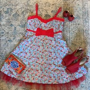 Vintage Red & Blue Floral👗 Dress with a Red Bow🎀